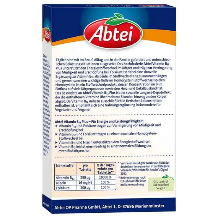 Abtei Vitamin B12 Plus Folsäure Tabletten Titandioxidfrei , 30 St