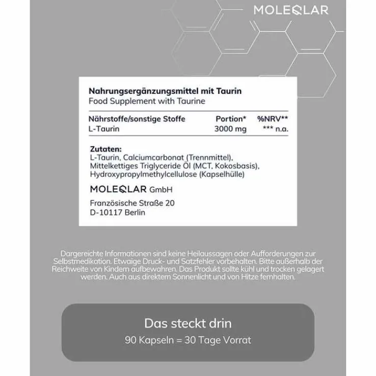 Moleqlar Taurin high Dose L-Taurine Kapseln, 90 St