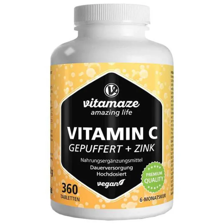 Vitamin C Gepuffert 1000 mg hochdosiert + Zink Tabletten , 360 St